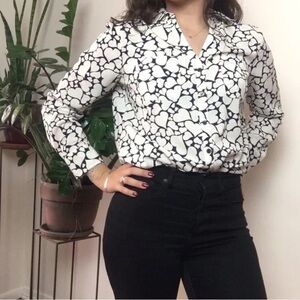 Talbots Nantucket Heart Print Navy and Cream Button Down Blouse- Size L